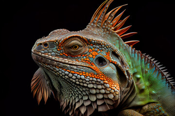 ai generated, Portrait of a colorful iguana. Isolated on black background.