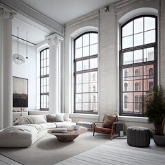 Luxury interior with large windows, generative ai