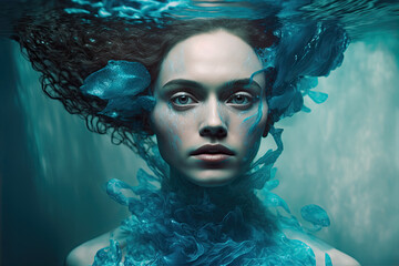 Fototapeta Generative AI illustration of an attractive young woman portrait underwater floating and swimming in a gauzy dress moved by water obraz