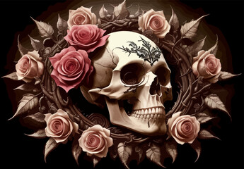 Skull and roses vector illustration. Dark fantasy.