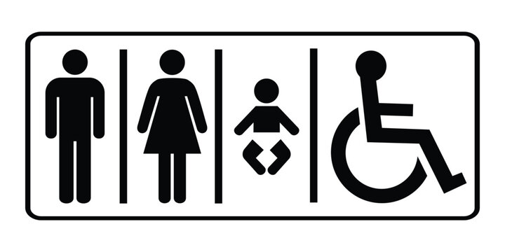 Restroom sign. Toilet sign with man, lady, baby and person with disability symbols, vector illustration