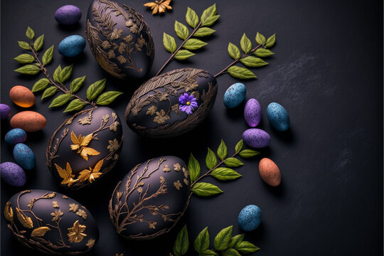 Easter color eggs. Dark photo realistic background. Generative AI