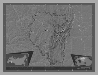 Bashkortostan, Russia. Bilevel. Labelled points of cities