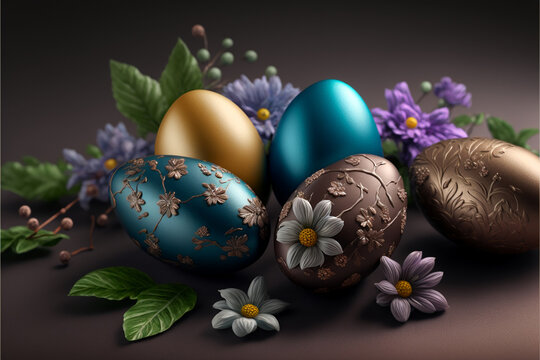 Easter color eggs. Dark photo realistic background. Generative AI