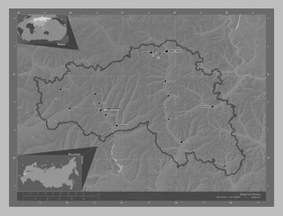 Belgorod, Russia. Grayscale. Labelled points of cities