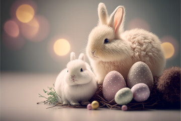 Naklejka na ściany i meble Easter background with cute rabbit, super realistic generative ai