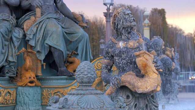 Detail of the Fountain of the Seas on the Place de la Concorde square in Paris, France