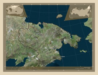 Chukot, Russia. High-res satellite. Labelled points of cities