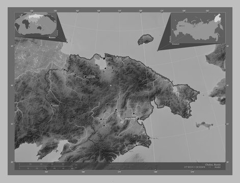 Chukot, Russia. Grayscale. Labelled points of cities