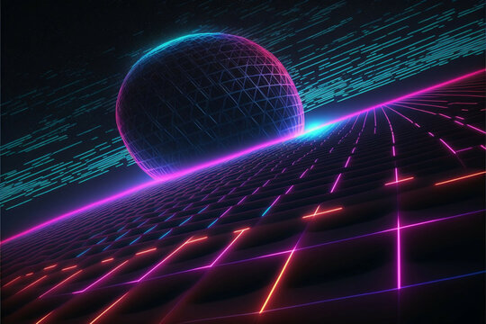 cyber space neon grid landscape in virtual world space view new quality universal colorful technology stock image illustration design, generative ai