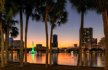 Palm trees in Lake Eola Park in Orlando city at sunset, Florida, USA