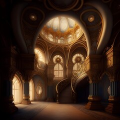 Fototapeta premium Fantasy palace interior with golden decor and castle like features. Generative AI illustrations