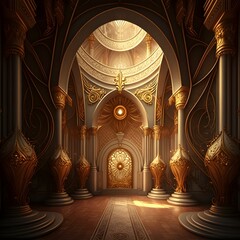 Fantasy palace interior with golden decor and castle like features. Generative AI illustrations