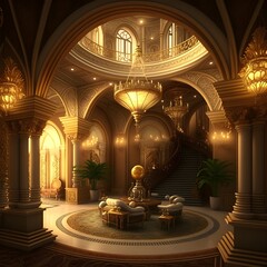 Fototapeta na wymiar Fantasy palace interior with golden decor and castle like features. Generative AI illustrations