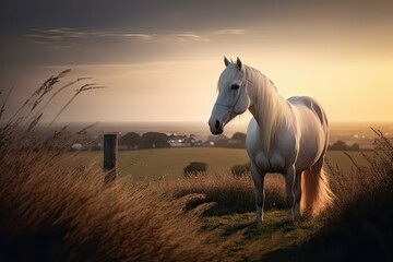Beautiful Four-Year-Old Palomino Horse at Sunset in Møn, Denmark. Photo AI - obrazy, fototapety, plakaty
