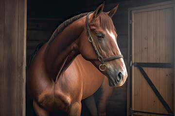 A Majestic Horse in the Countryside: Standing Patiently in the Barn, Ready to Ride. Photo AI