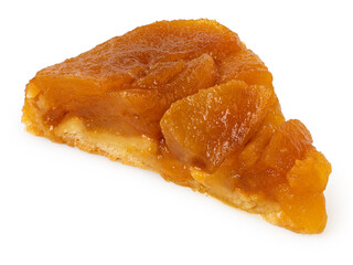 Slice of french apple tart tarte tatin isolated on white.