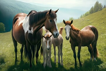 Fototapeta premium Majestic Sight of Mother Mare and Her Foals Grazing in a Meadow of Horses. Photo AI