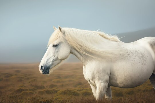 White Icelandic Horse on Pasture: Capturing the Majestic Beauty of Nature. Photo AI