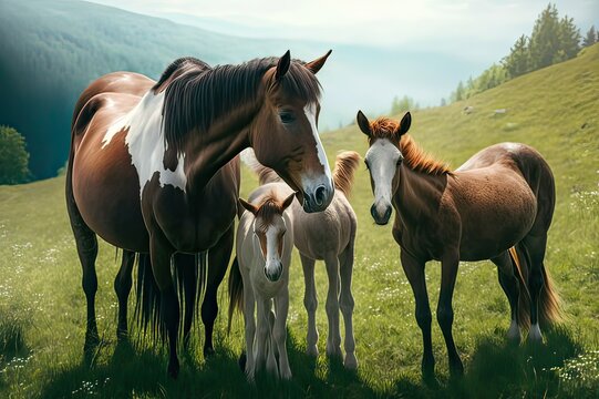Majestic Sight of Mother Mare and Her Foals Grazing in a Meadow of Horses. Photo AI