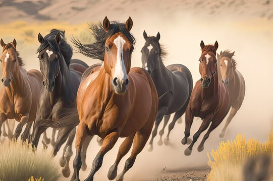 Beautiful Herd of Young Wild Horses Running in Warm Evening Light. Photo AI
