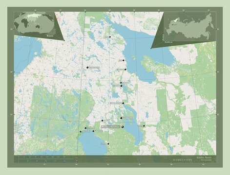 Karelia, Russia. OSM. Labelled points of cities