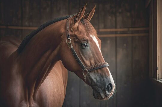 The Magnificence of a Horse: A Portrait of a Patiently Waiting Equine in a Barn. Photo AI