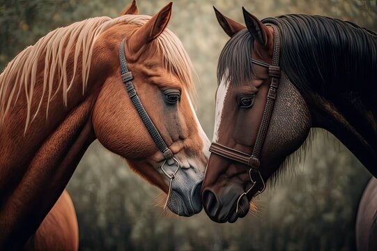 Finding Our Soulmate: A Heartwarming Moment of Two Horses Showing Affection. Photo AI