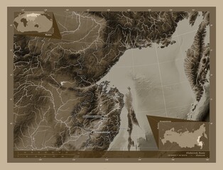 Khabarovsk, Russia. Sepia. Labelled points of cities