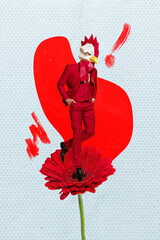 Creative 3d photo collage artwork painting of strange guy wear cock mask walking red flower...