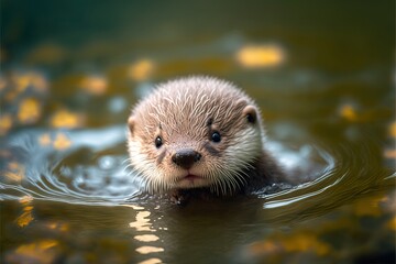  a small animal swimming in a body of water with a blurry back drop of water around it's head and a few yellow leaves on the water.  generative ai