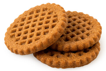 Pile of three plain round caramel lattice biscuits isolated on white.