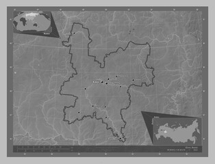 Kirov, Russia. Grayscale. Labelled points of cities