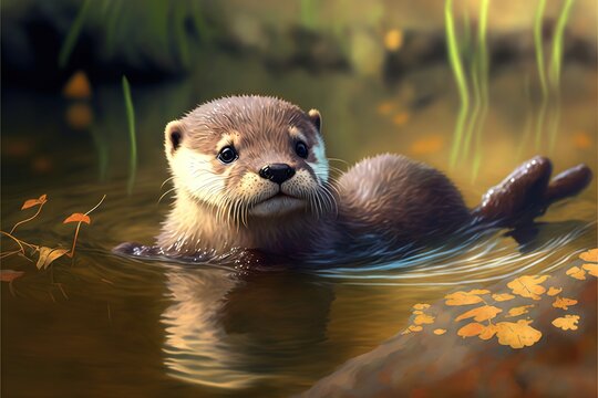  a painting of an otter swimming in the water with its head above the water's surface and looking at the camera man's eye.  generative ai