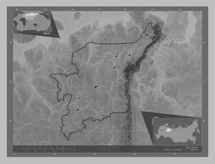 Komi, Russia. Grayscale. Labelled points of cities