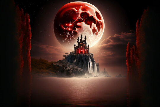 monda fantasy avec un chateau, une cascade, un lac et une lune rouge, IA