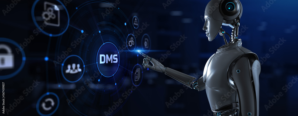 Poster dms document management system business process automation rpa concept. robot pressing button on scr