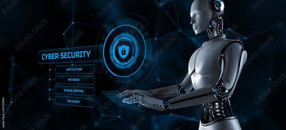 Poster cyber security data protection antivirus technology concept. robot pressing button on screen 3d rend