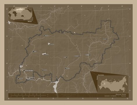 Kostroma, Russia. Sepia. Labelled points of cities