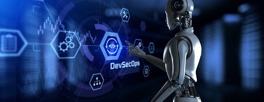 DevSecOps programming software development concept. Robot pressing button on screen 3d render.