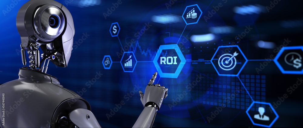 Poster roi return on investment. robot pressing virtual button 3d render illustration.