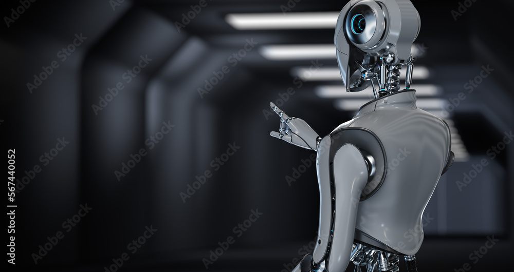 Aufkleber robot cyborg 3d render on blurred background. innovation technology robotisation.