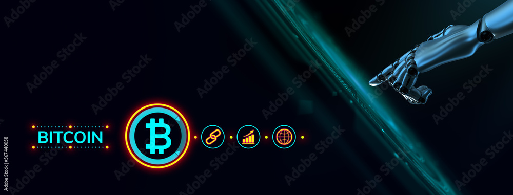 Aufkleber bitcoin btc cryptocurrency trading concept. robot hand pressing button 3d render.