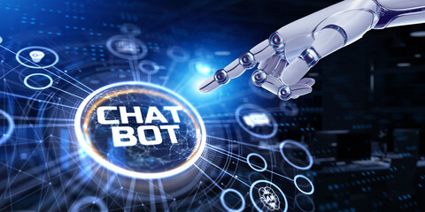 Chat bot robotic business service process automation RPA concept. 3d render robot pressing button.