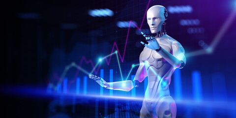 Obraz na płótnie Canvas Robotic data analysis automation trading robot. Business finance technology concept. 3d render.
