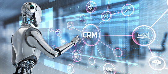 CRM Customer relationship management software system. Business technology concept. 3d render robot pressing button.