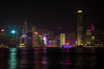 Hong Kong buildings illuminated at night in central district