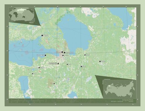 Leningrad, Russia. OSM. Labelled points of cities