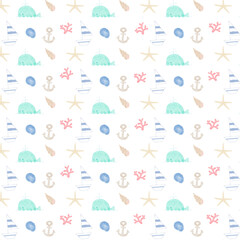 Summer seamless pattern with yacht, whale and shell. Cute hand-drawn summer pattern.
