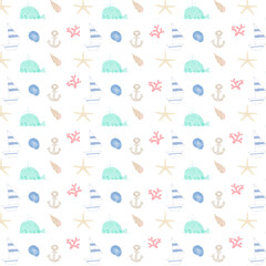 Summer seamless pattern with yacht, whale and shell. Cute hand-drawn summer pattern.
